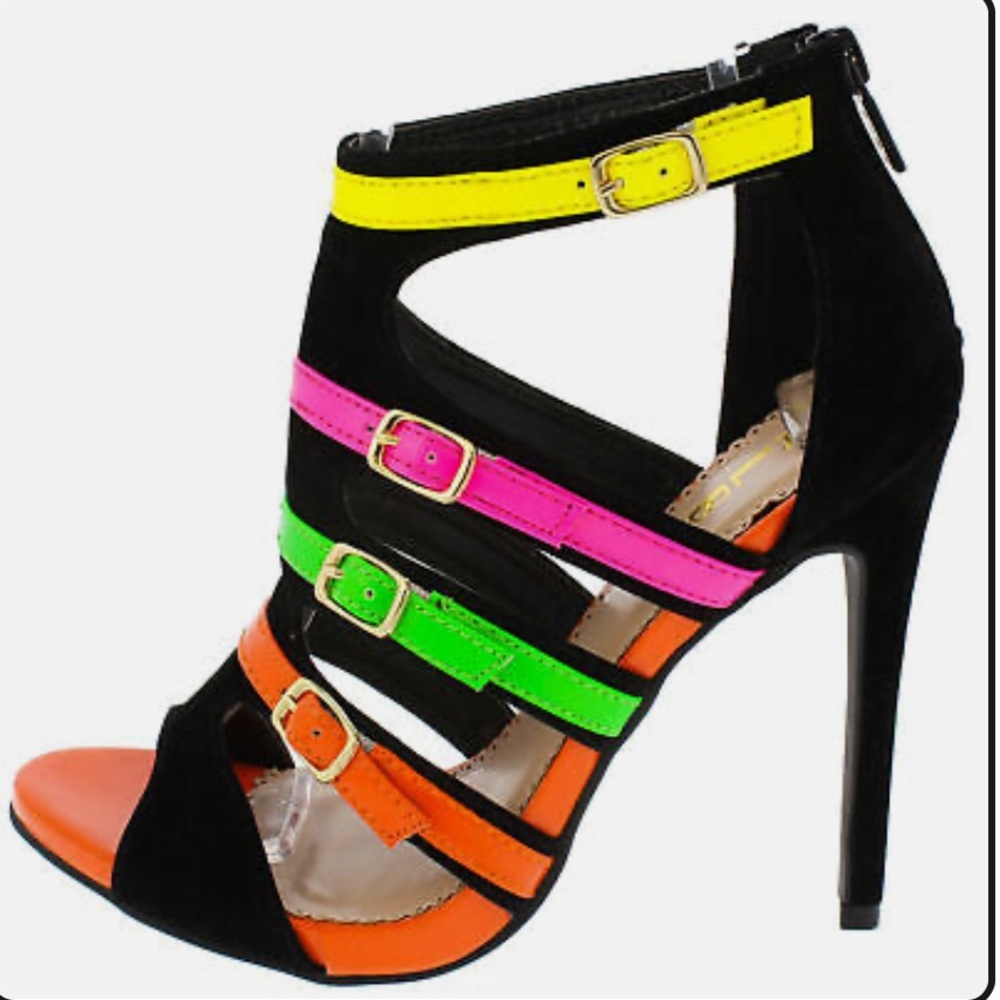 NEW ALBA Multi Colored Neon Strappy Buckled Peep Toe Stiletto Zip Heel US 8 Pump
